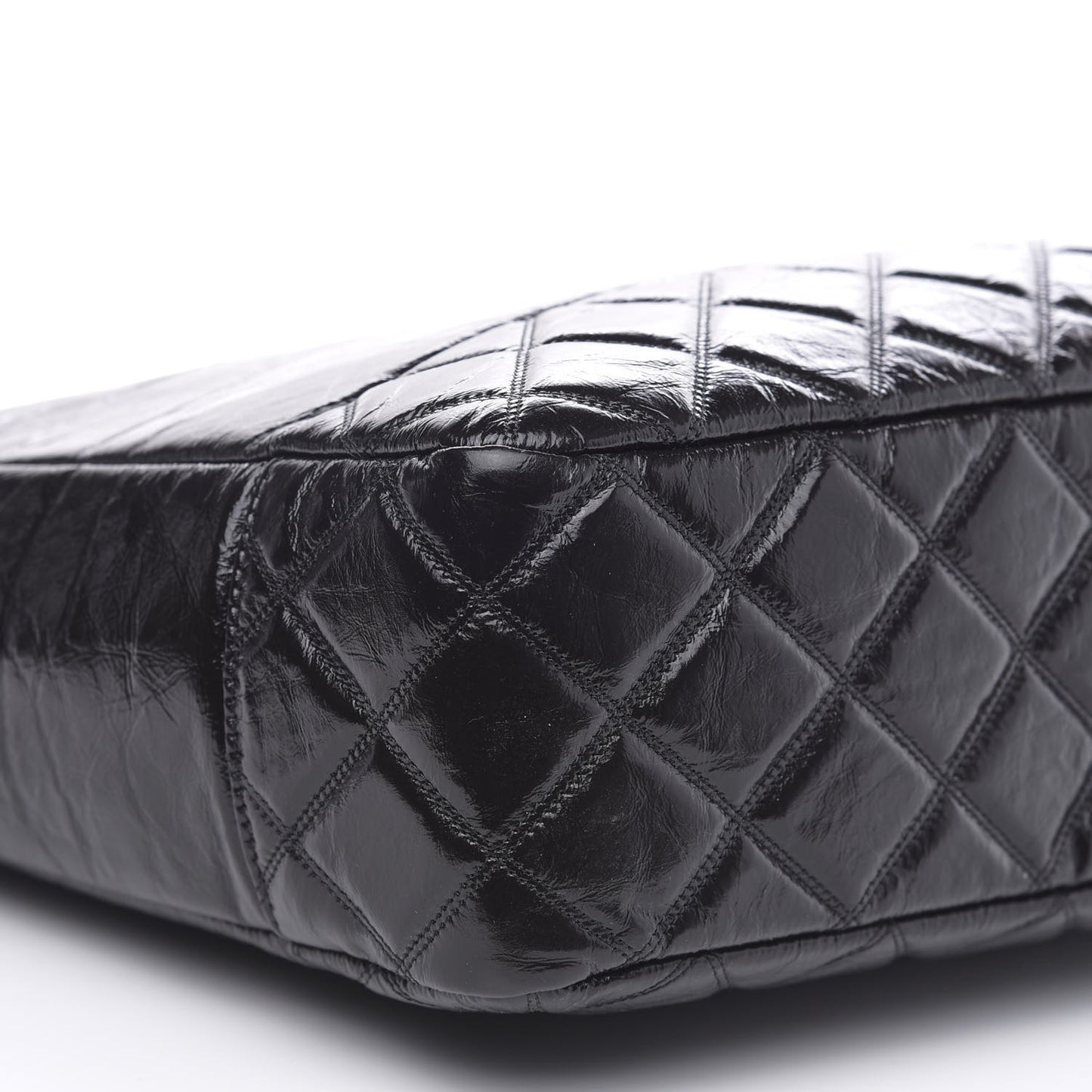 Shiny Aged Calfskin Quilted Large Shopping Bag Black