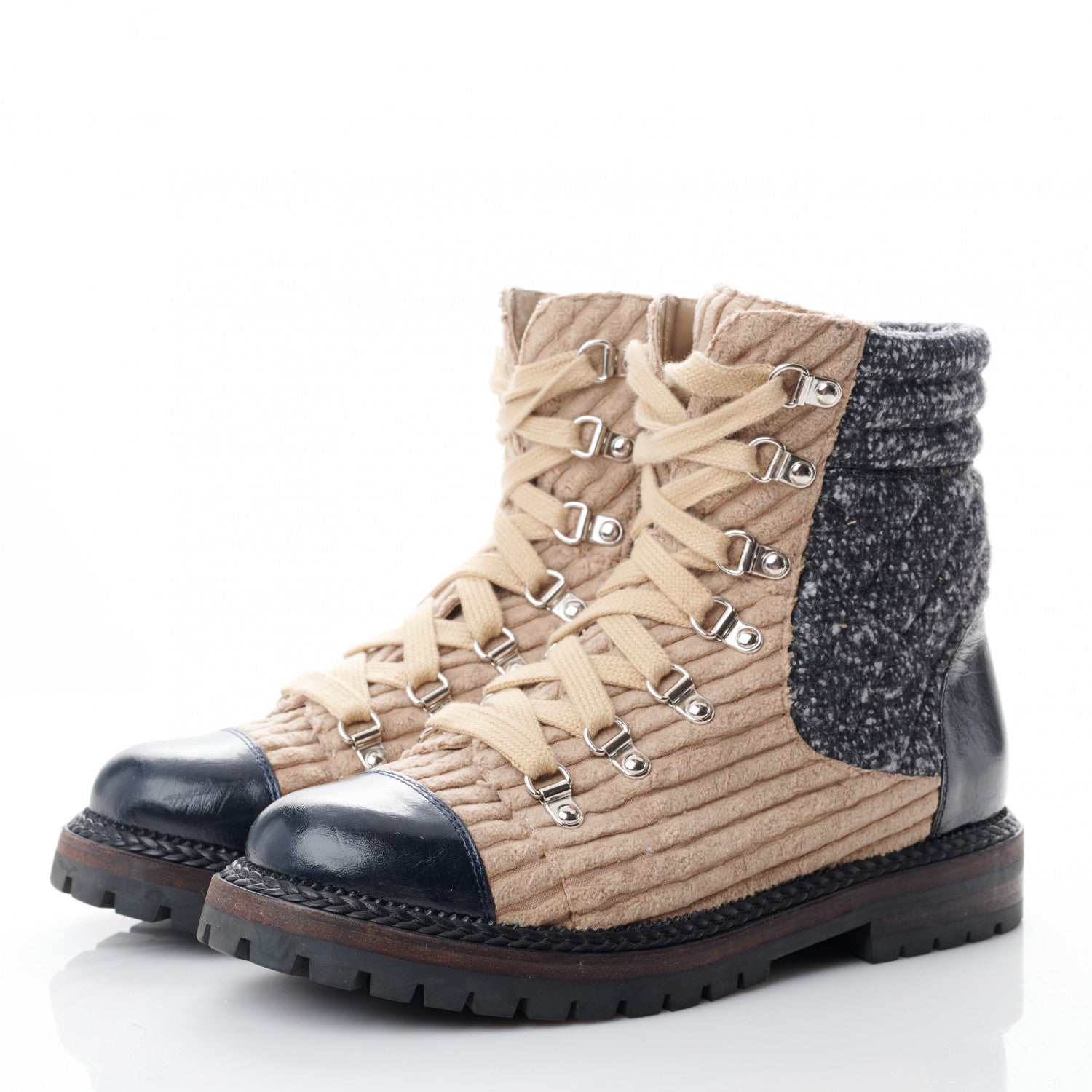 Chanel Tweed Corduroy Calfskin Quilted Lace Up Boots 38 Beige Black 3 of 8