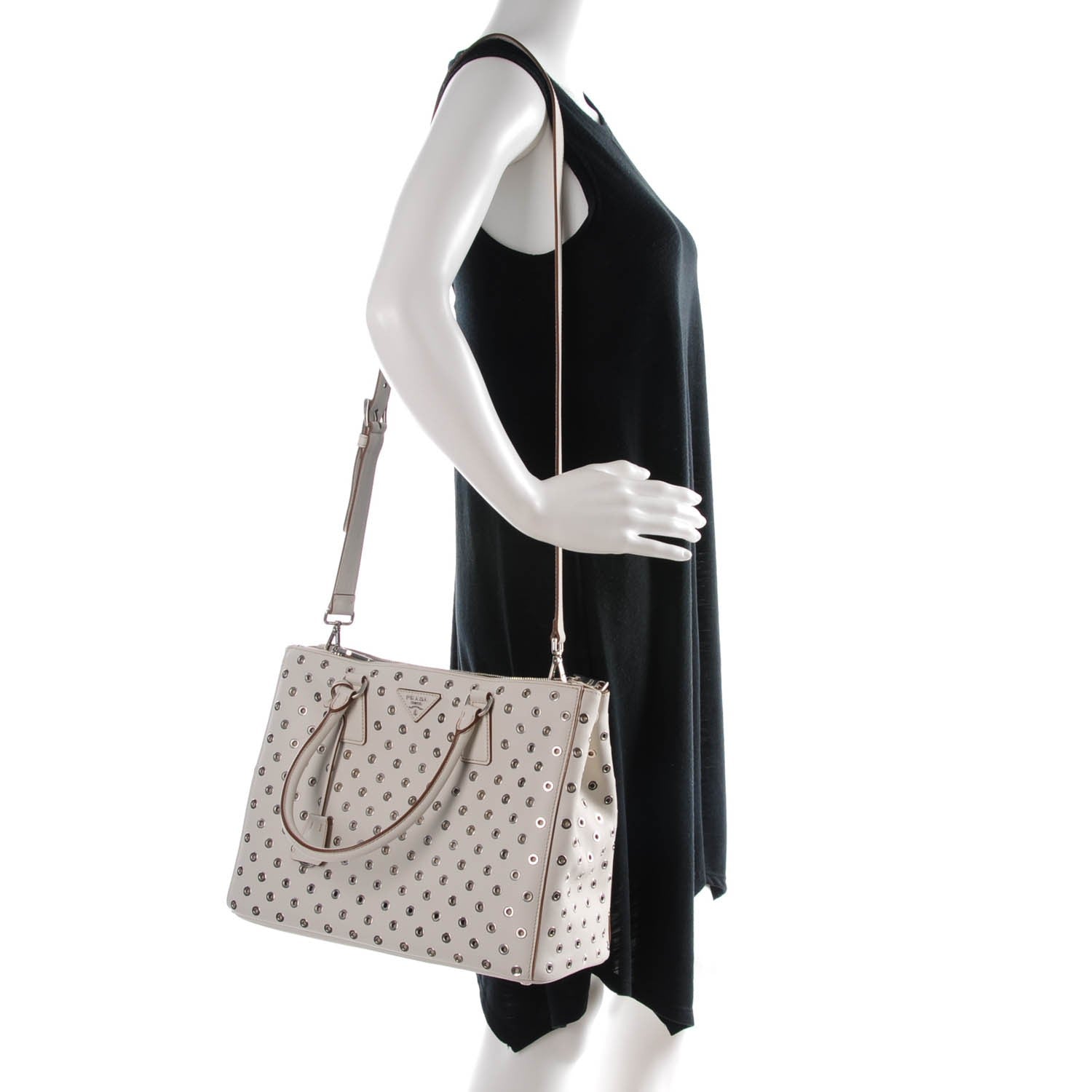 Prada City Calf Grommet Large Double Zip Tote Talco 2 of 7