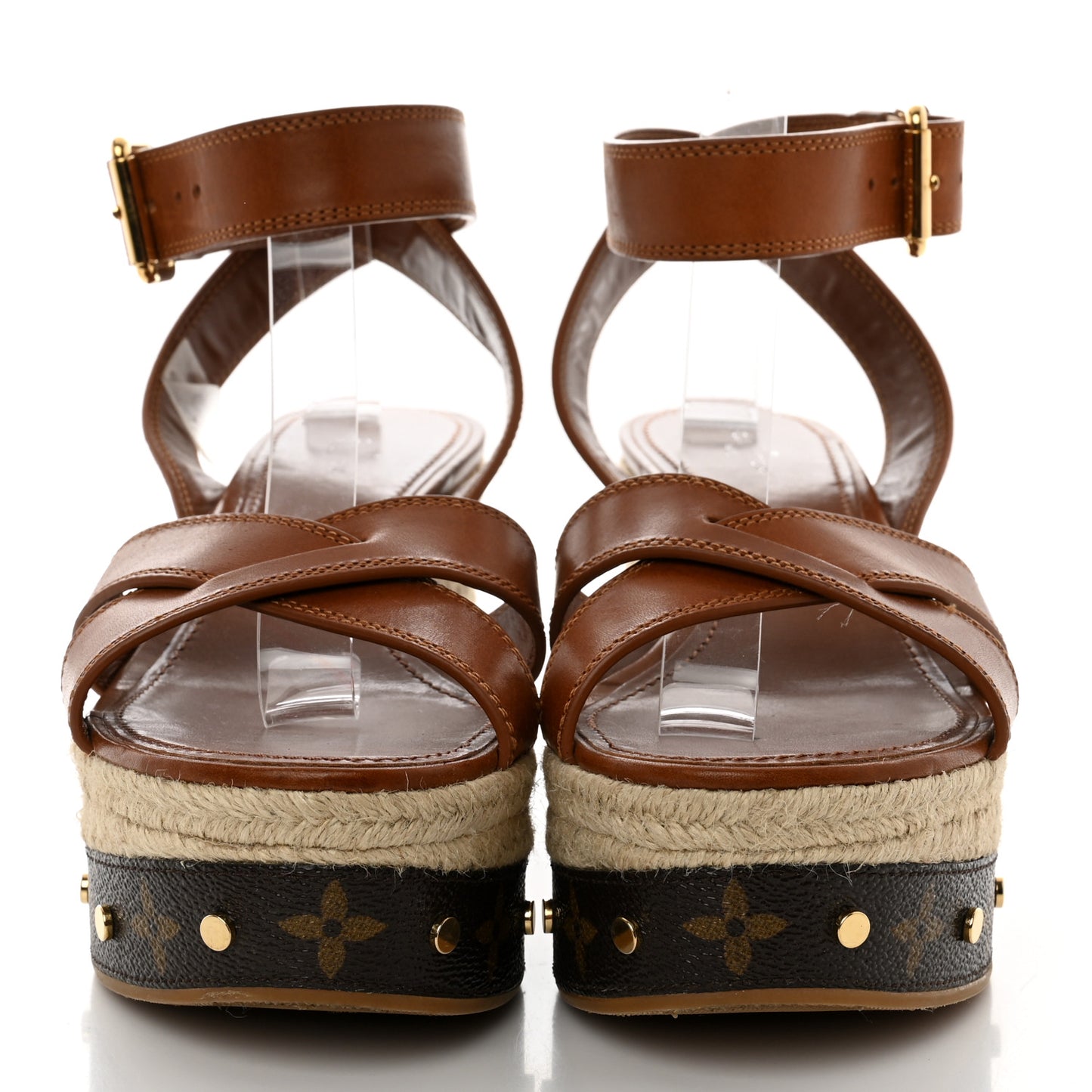 Calfskin Studded Espadrille Wedge Sandals 35.5 Cognac