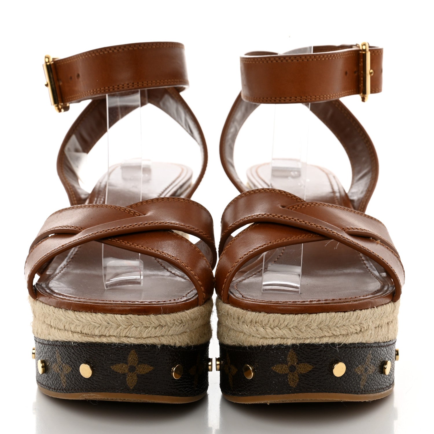 Louis Vuitton Calfskin Studded Espadrille Wedge Sandals 35.5 Cognac 2 of 9