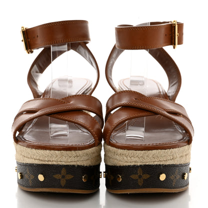 Louis Vuitton Calfskin Studded Espadrille Wedge Sandals 35.5 Cognac 2 of 9