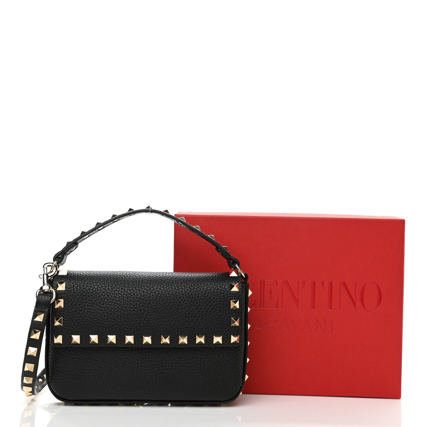 Grainy Calfskin Rockstud Crossbody Pouch Black