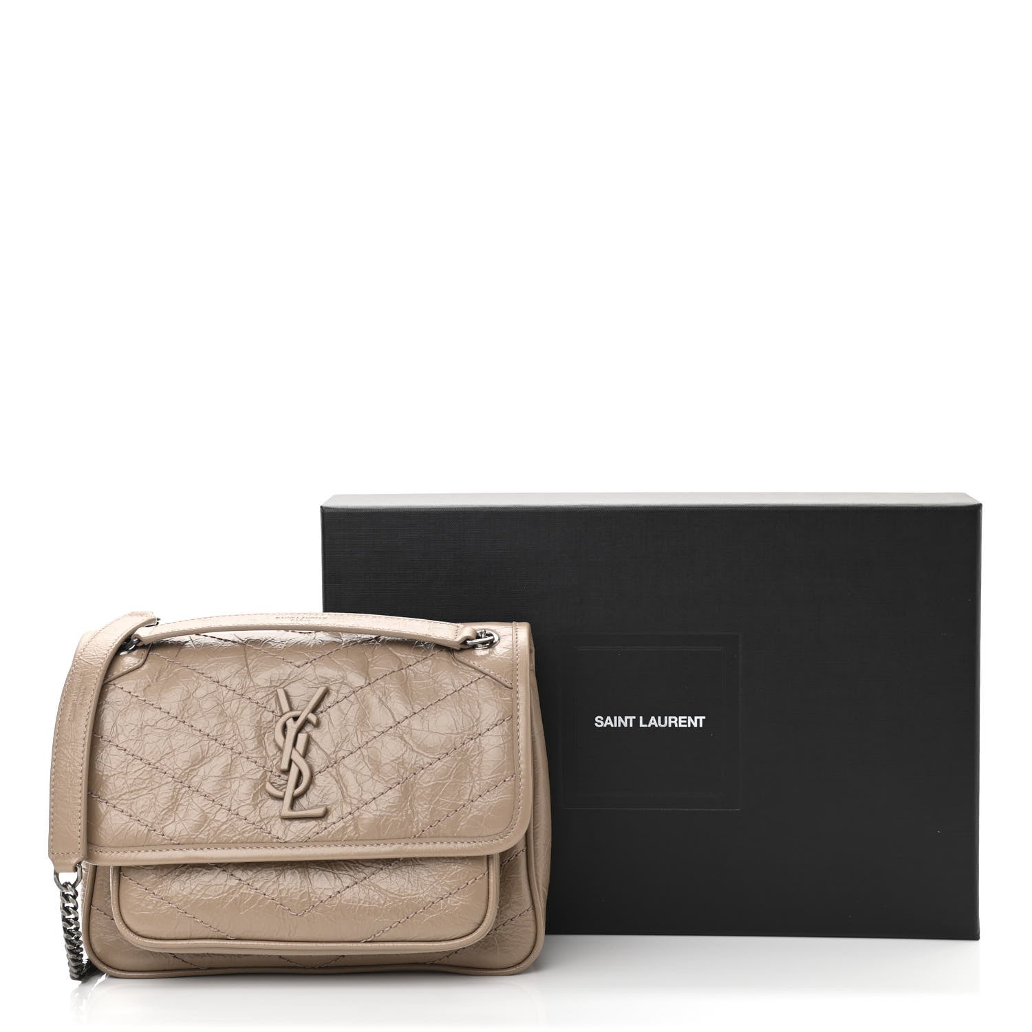 Saint Laurent Crinkled Calfskin Matelasse Monogram Baby Niki Chain Satchel Light Taupe 11 of 11