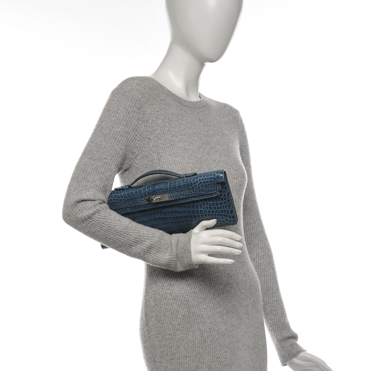 Hermes Shiny Niloticus Crocodile Kelly Cut Pochette Blue Jean 3 of 38