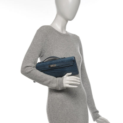 Hermes Shiny Niloticus Crocodile Kelly Cut Pochette Blue Jean 3 of 38
