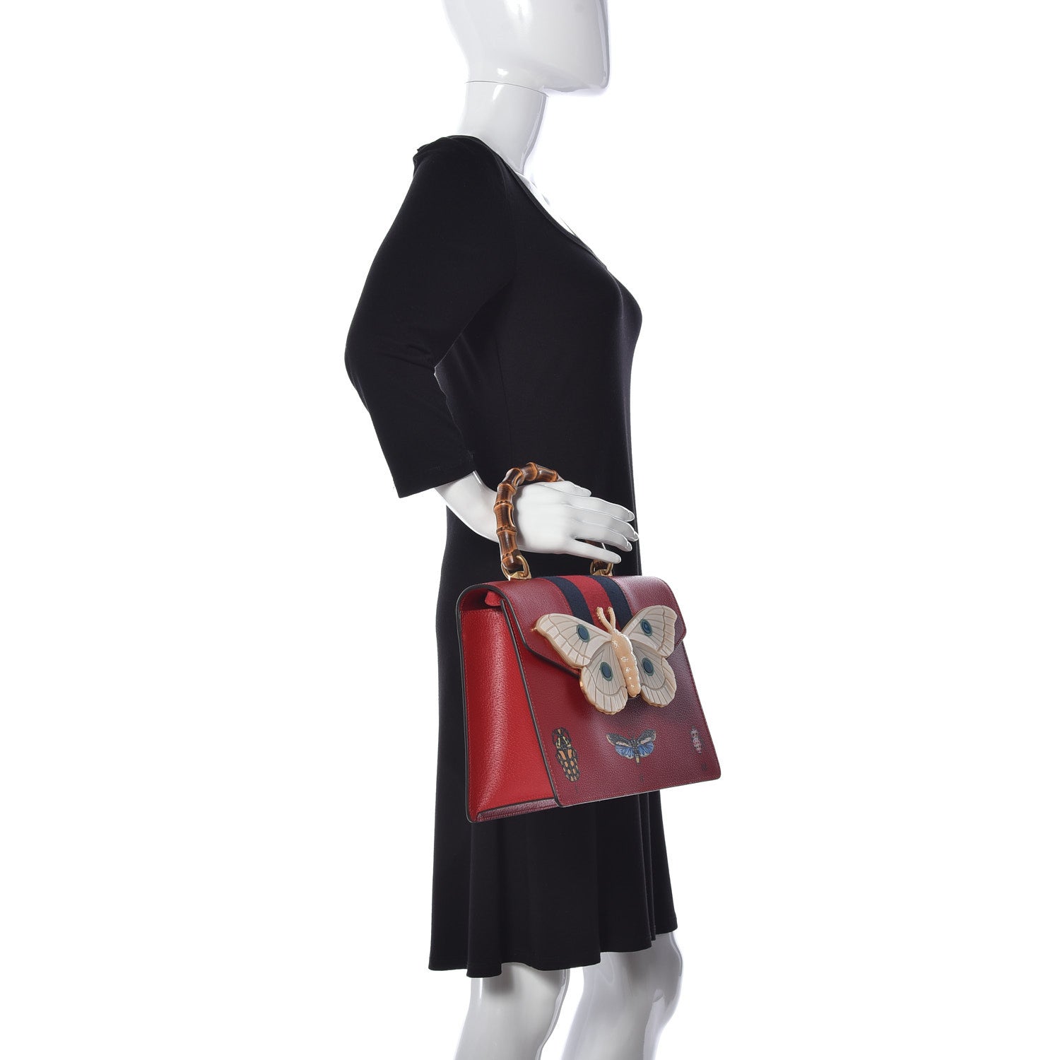 Gucci Calfskin Bamboo Web Medium Falena Moth Top Handle Bag Hibiscus Red 2 of 9