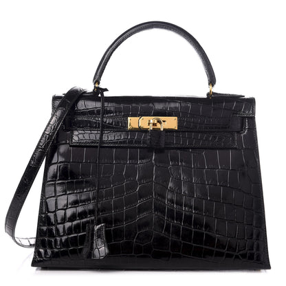 Hermes Shiny Niloticus Crocodile Kelly Sellier 28 Black 1 of 8