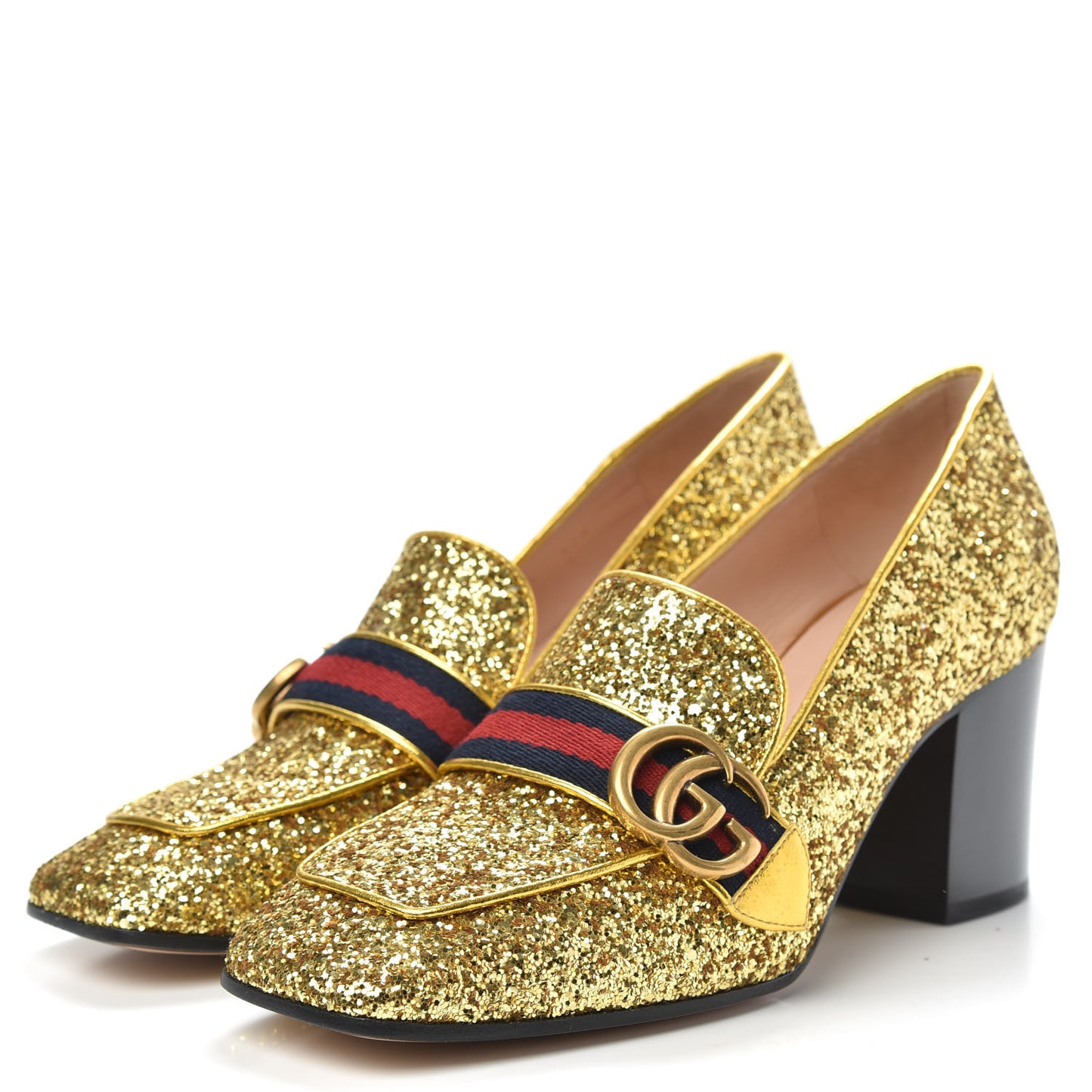 Glitter Nappa Web Peyton 75mm Loafer Pumps 39.5 Oro Vecchio