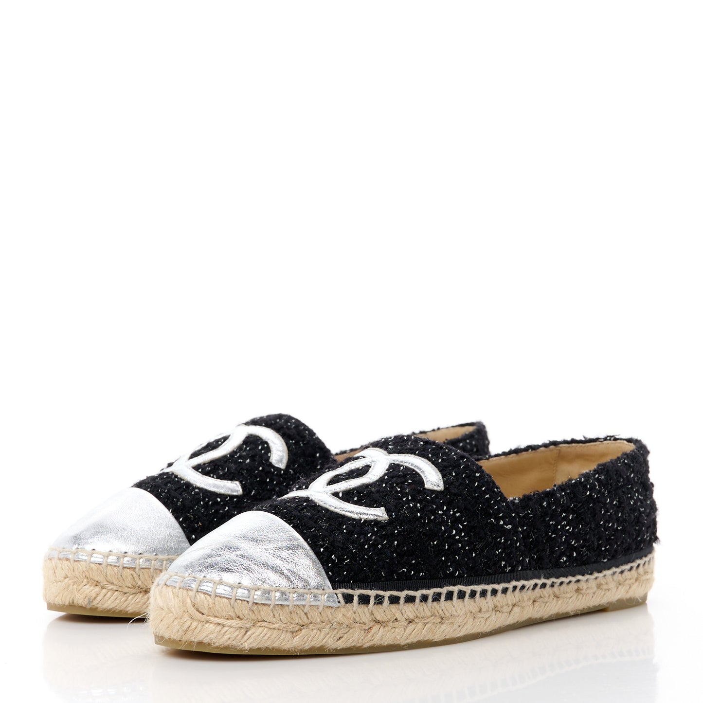 Metallic Lambskin Tweed CC Espadrilles 41 Black Silver