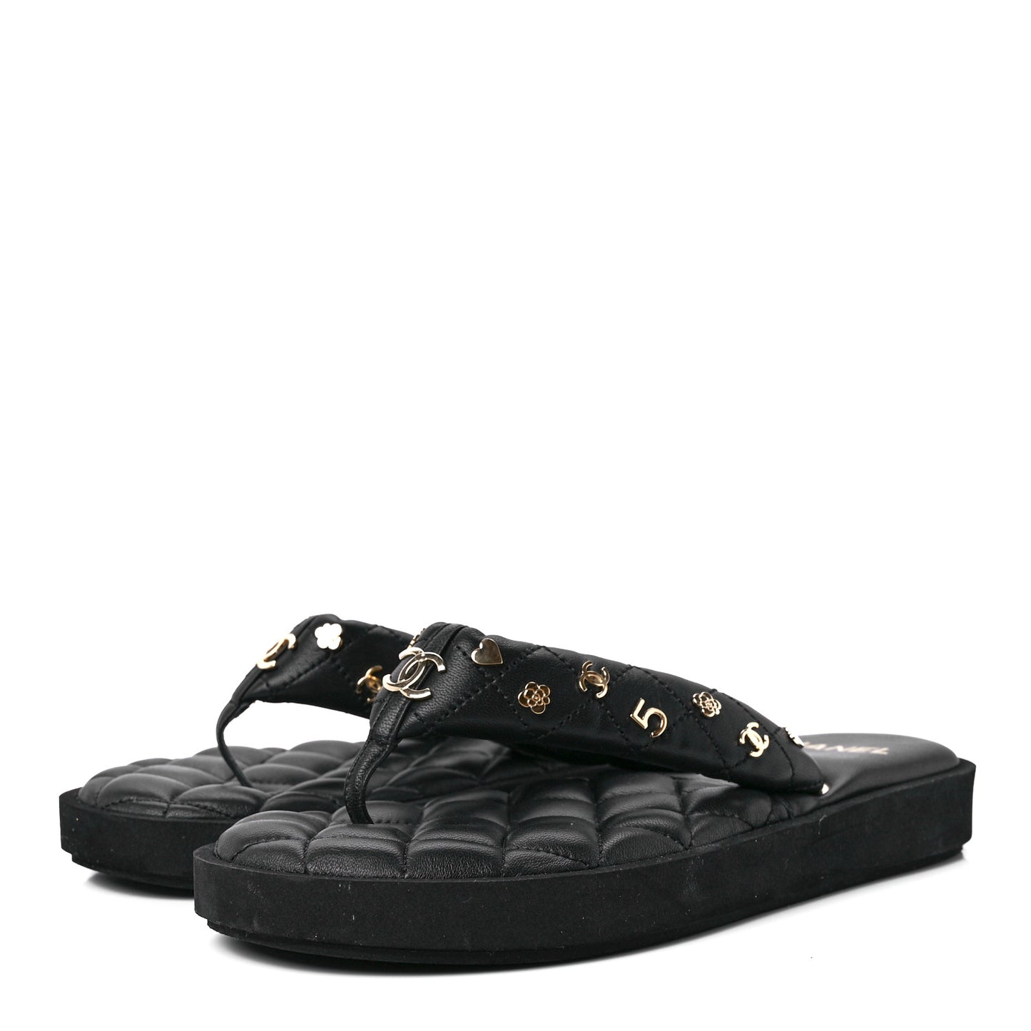Lambskin Quilted Padded Charms Thong Sandals 39 Black
