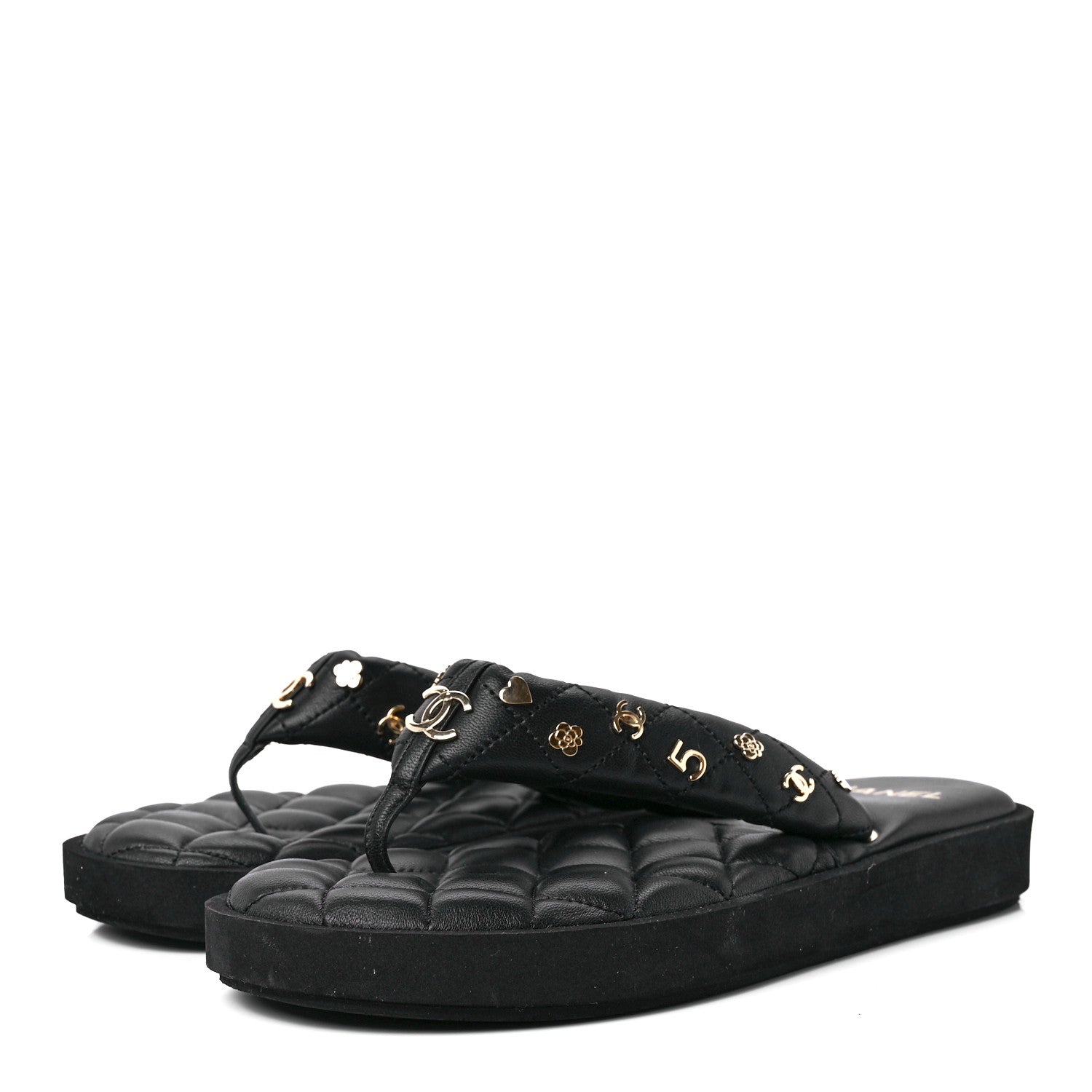 Chanel Lambskin Quilted Padded Charms Thong Sandals 39 Black 3 of 7