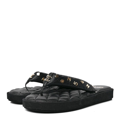 Chanel Lambskin Quilted Padded Charms Thong Sandals 39 Black 3 of 7
