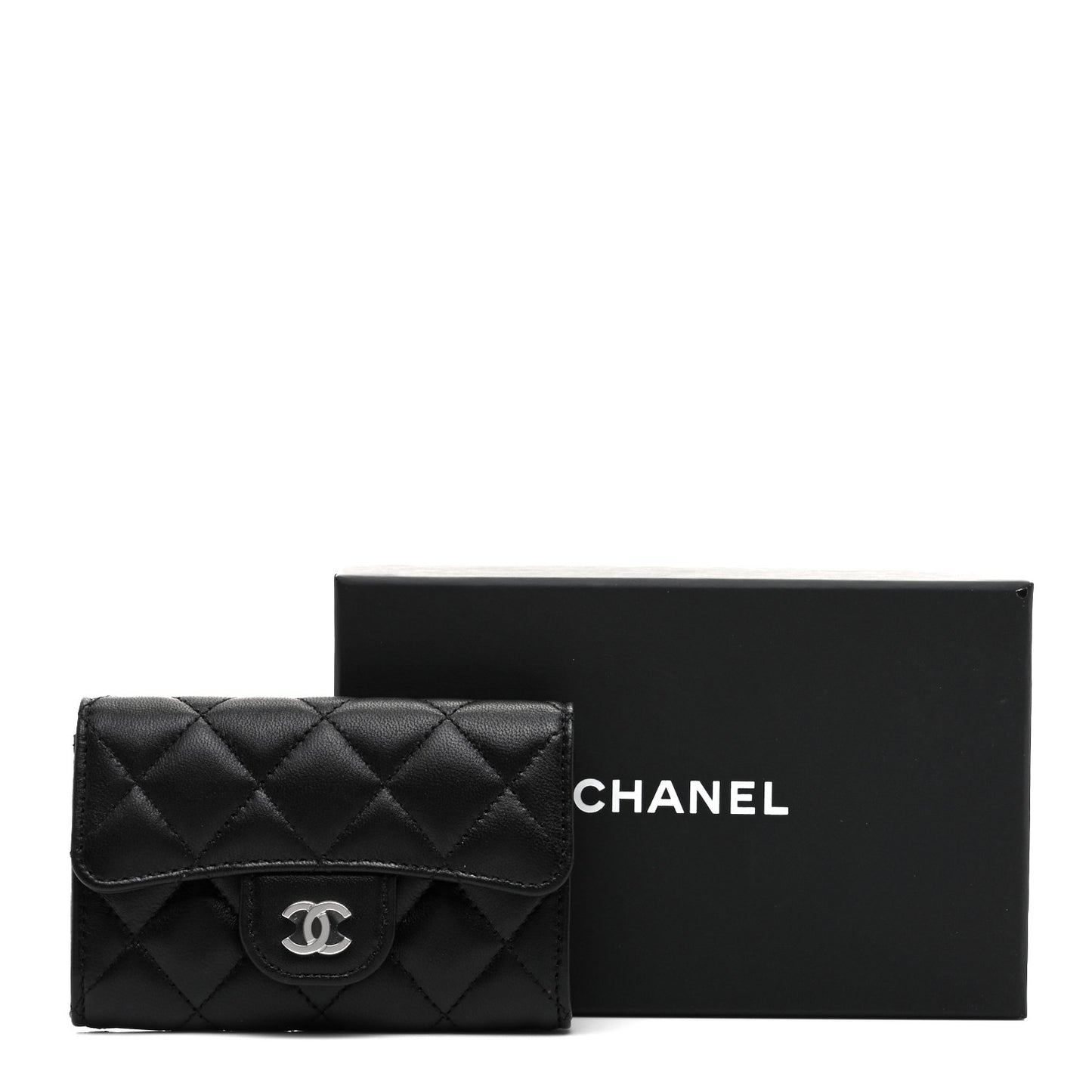 Lambskin Quilted Flap Card Holder Wallet Black