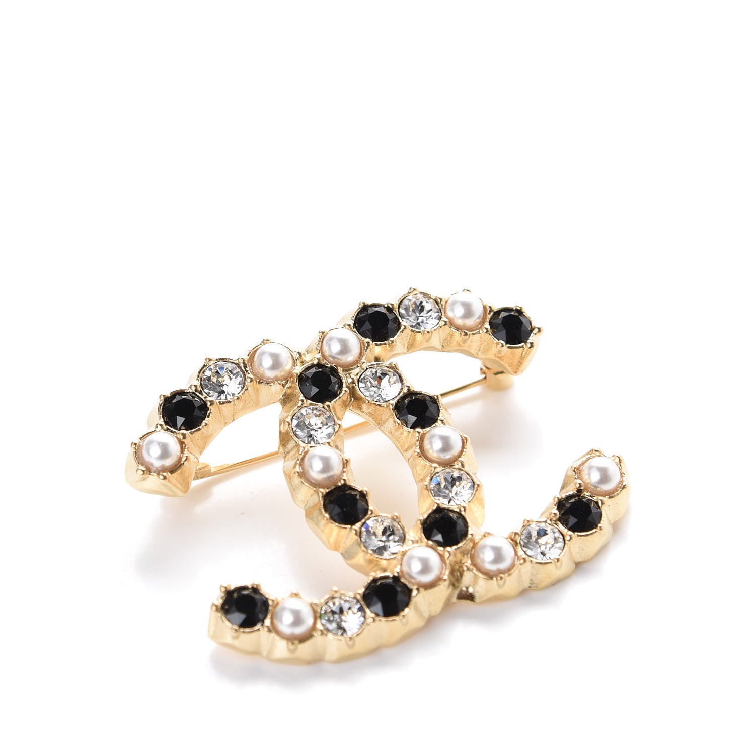 Chanel Pearl Crystal CC Brooch Black Gold 3 of 4