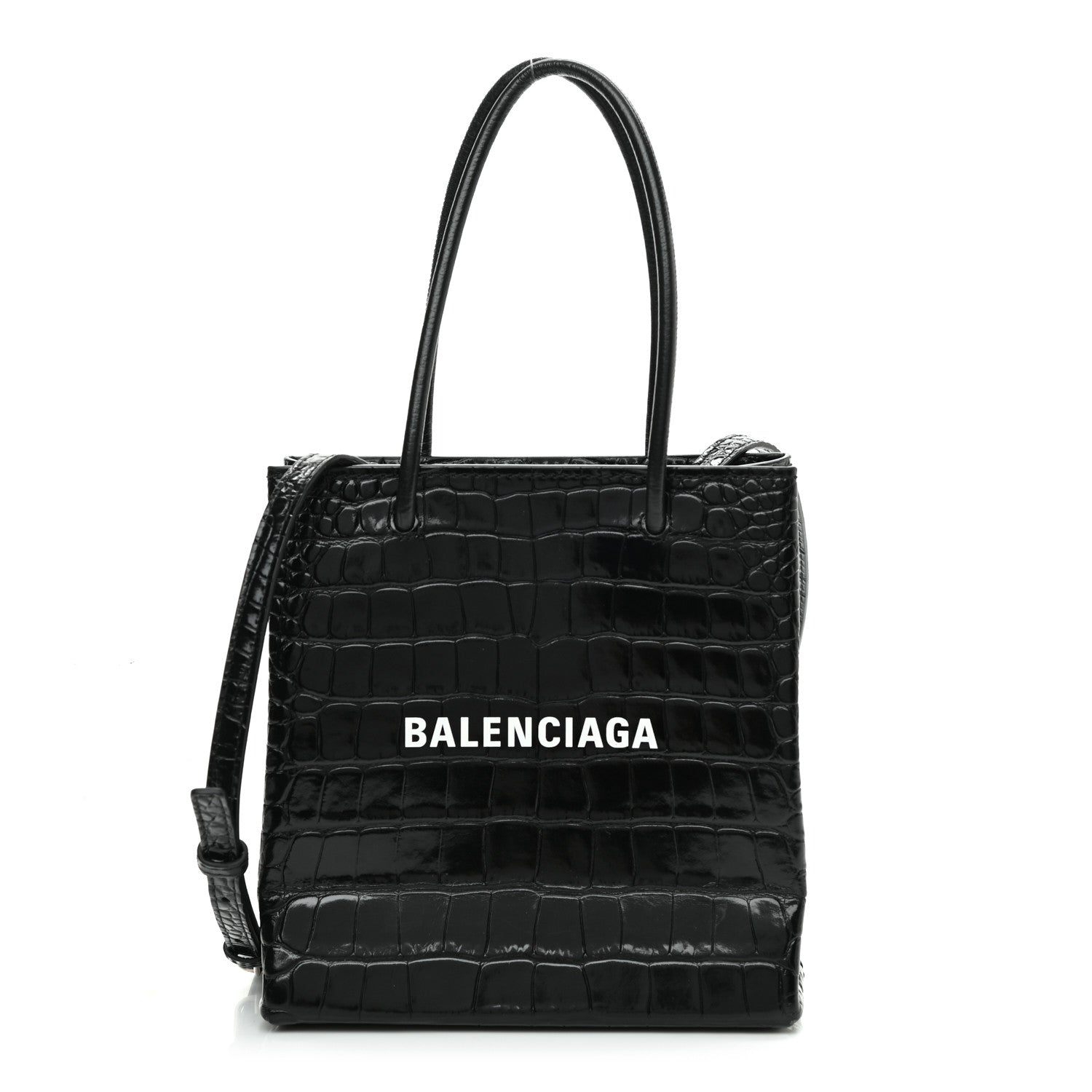 Balenciaga Shiny Calfskin Logo Crocodile Embossed North South Shopper Tote XXS Black White 1 of 8