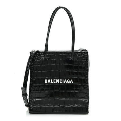 Balenciaga Shiny Calfskin Logo Crocodile Embossed North South Shopper Tote XXS Black White 1 of 8