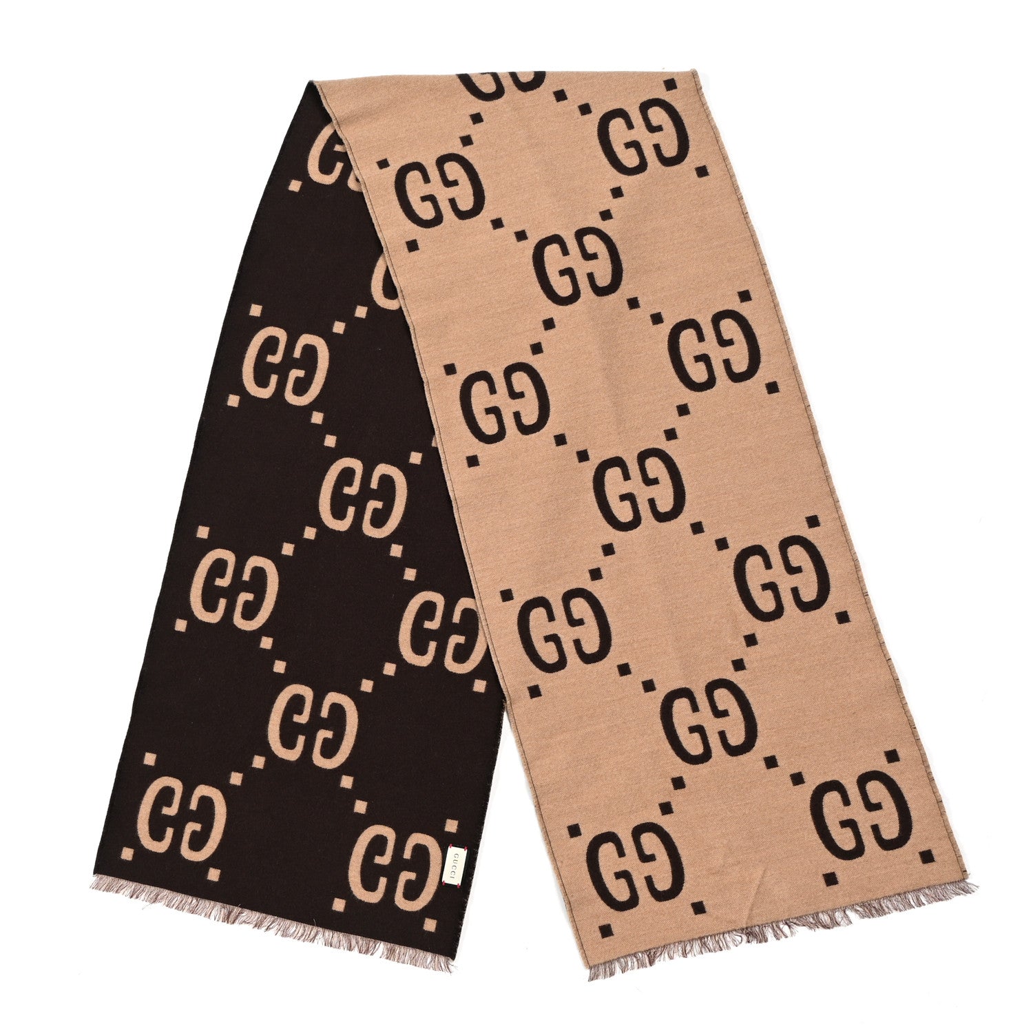 Gucci Wool Silk Monogram Jumbo GG Freedom Scarf Dark Brown Beige 2 of 4