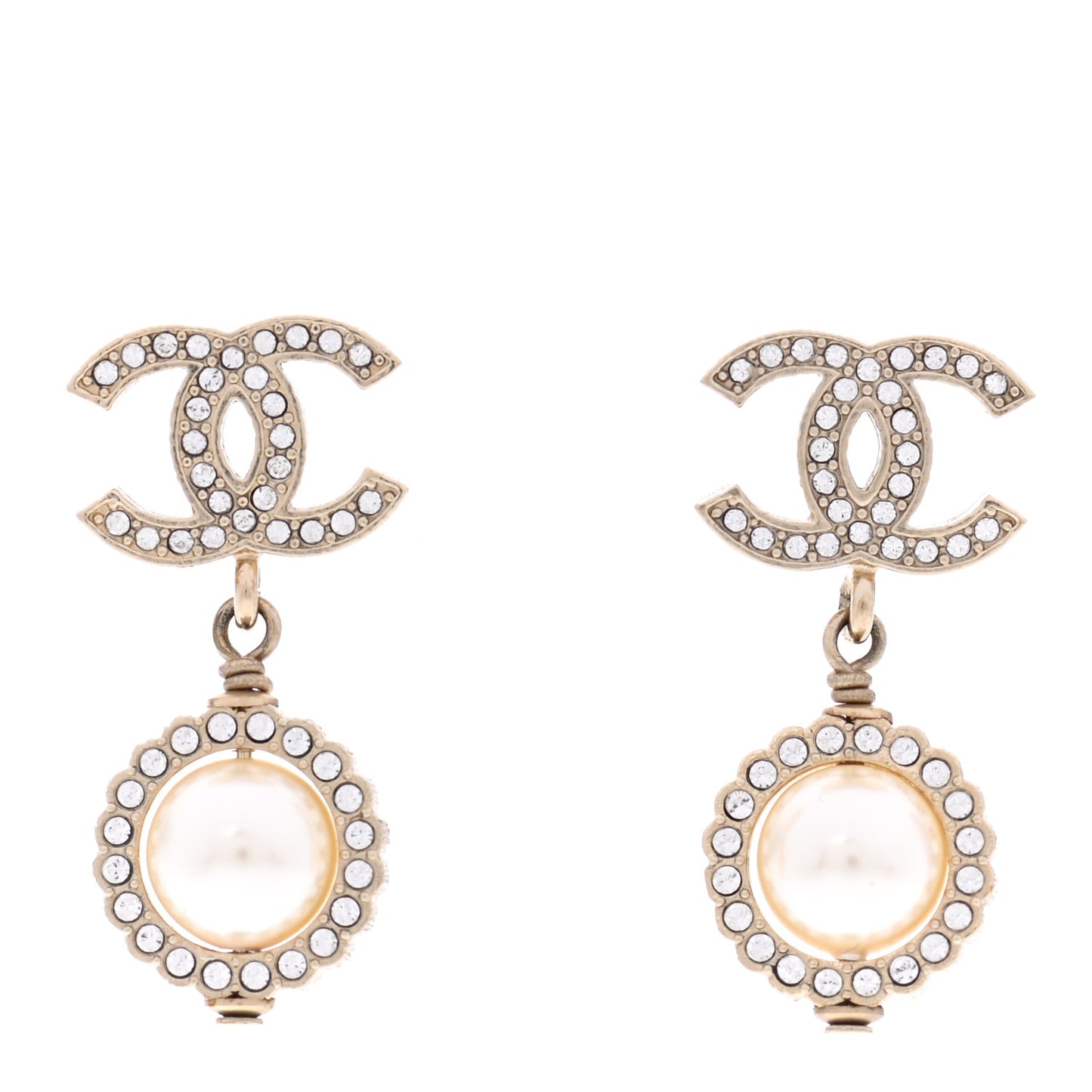 Crystal Pearl CC Drop Earrings Gold
