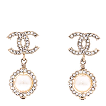 Chanel Crystal Pearl CC Drop Earrings Gold 1 of 5