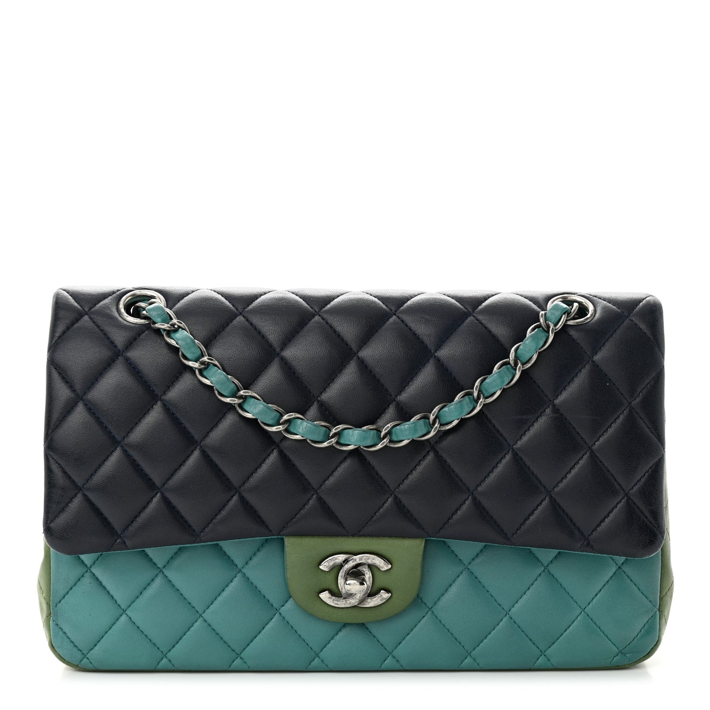 Lambskin Quilted Tri-Color Medium Double Flap Navy Blue Green