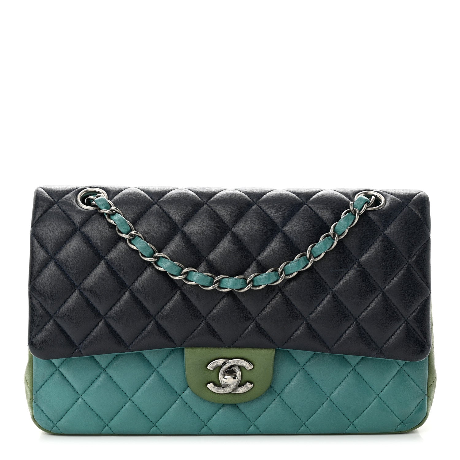 Chanel Lambskin Quilted Tri-Color Medium Double Flap Navy Blue Green 1 of 13