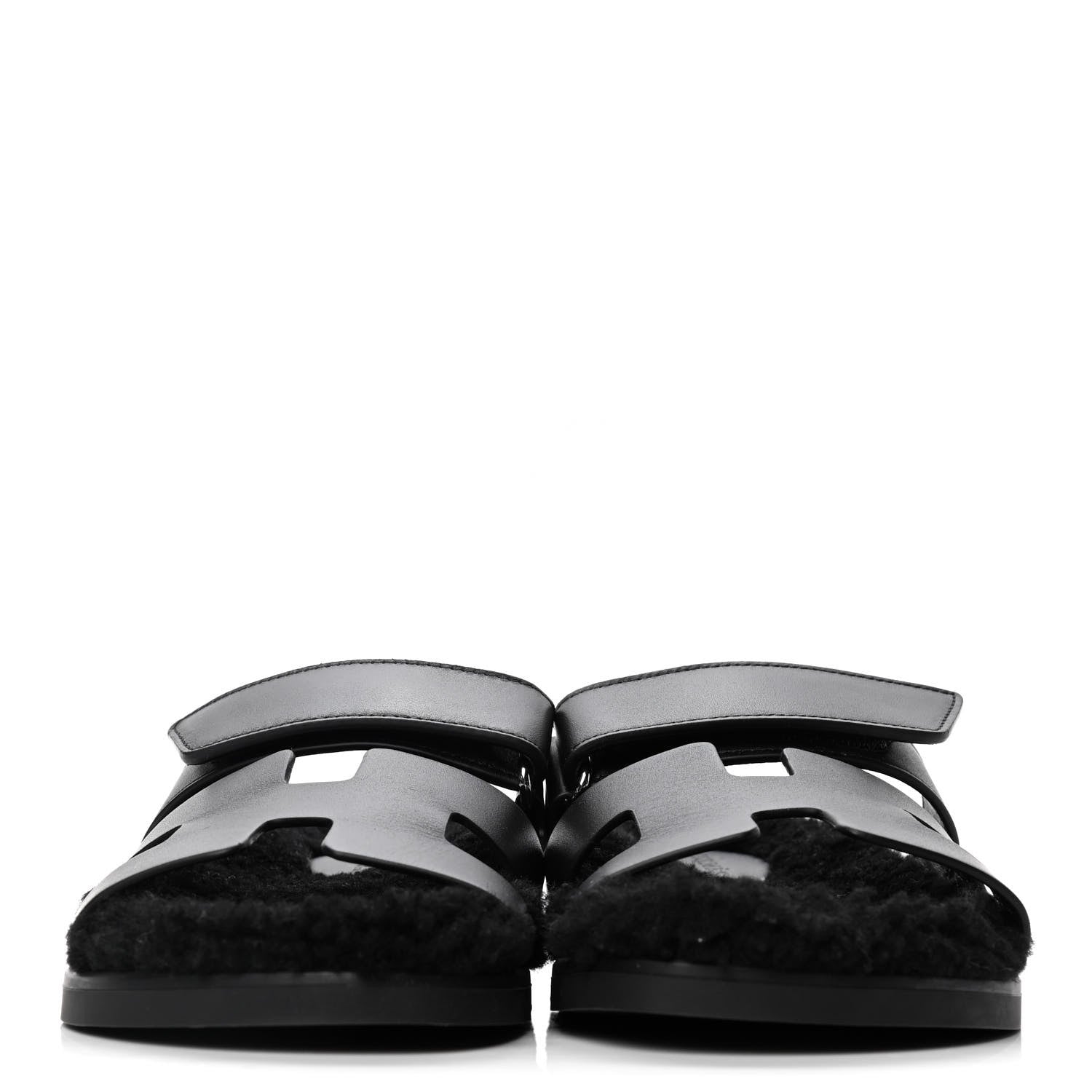 Hermes Calfskin Woolskin Womens Chypre Sandals 37 Black 2 of 4