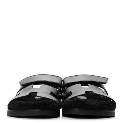 Hermes Calfskin Woolskin Womens Chypre Sandals 37 Black 2 of 4
