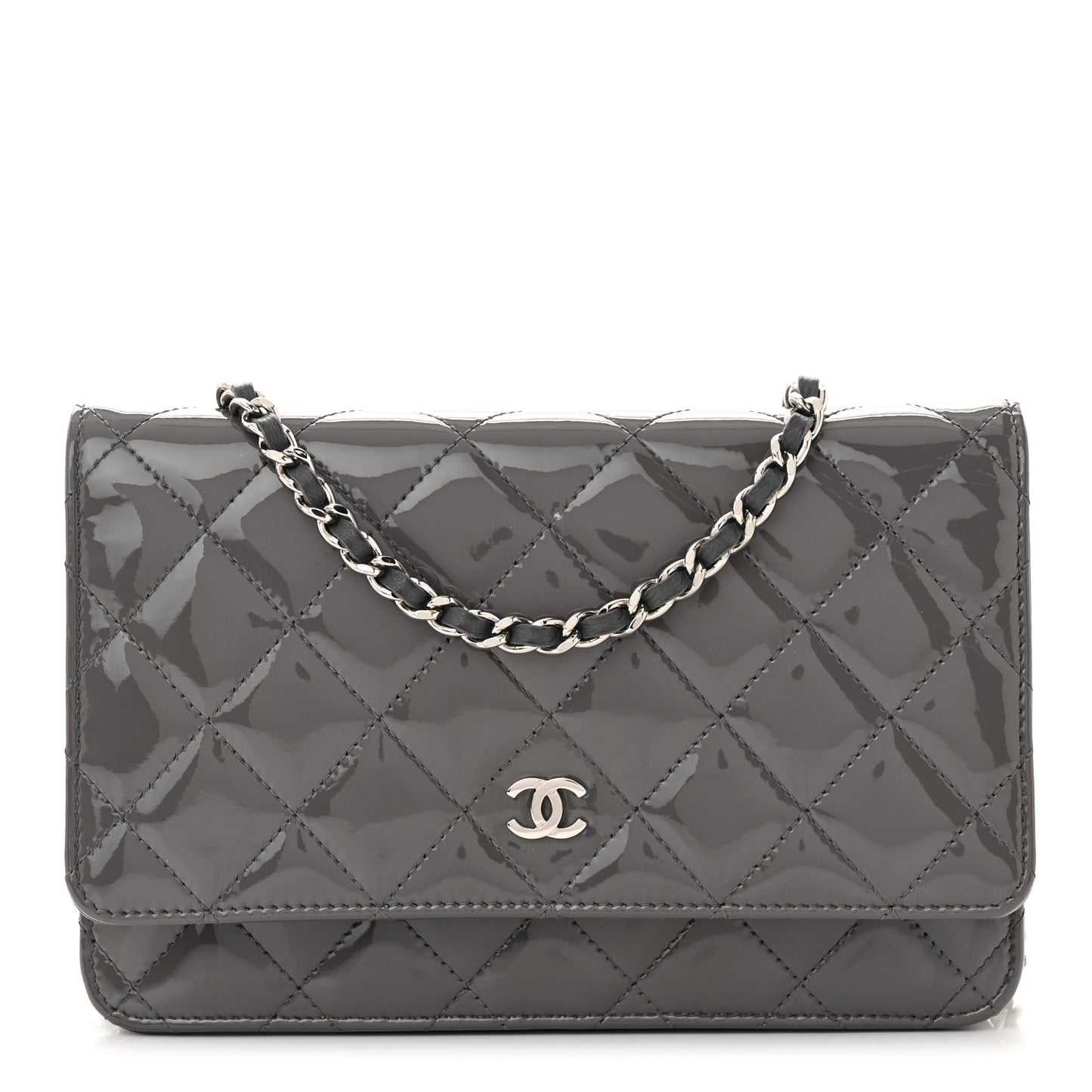 Patent Quilted Wallet On Chain WOC Grey