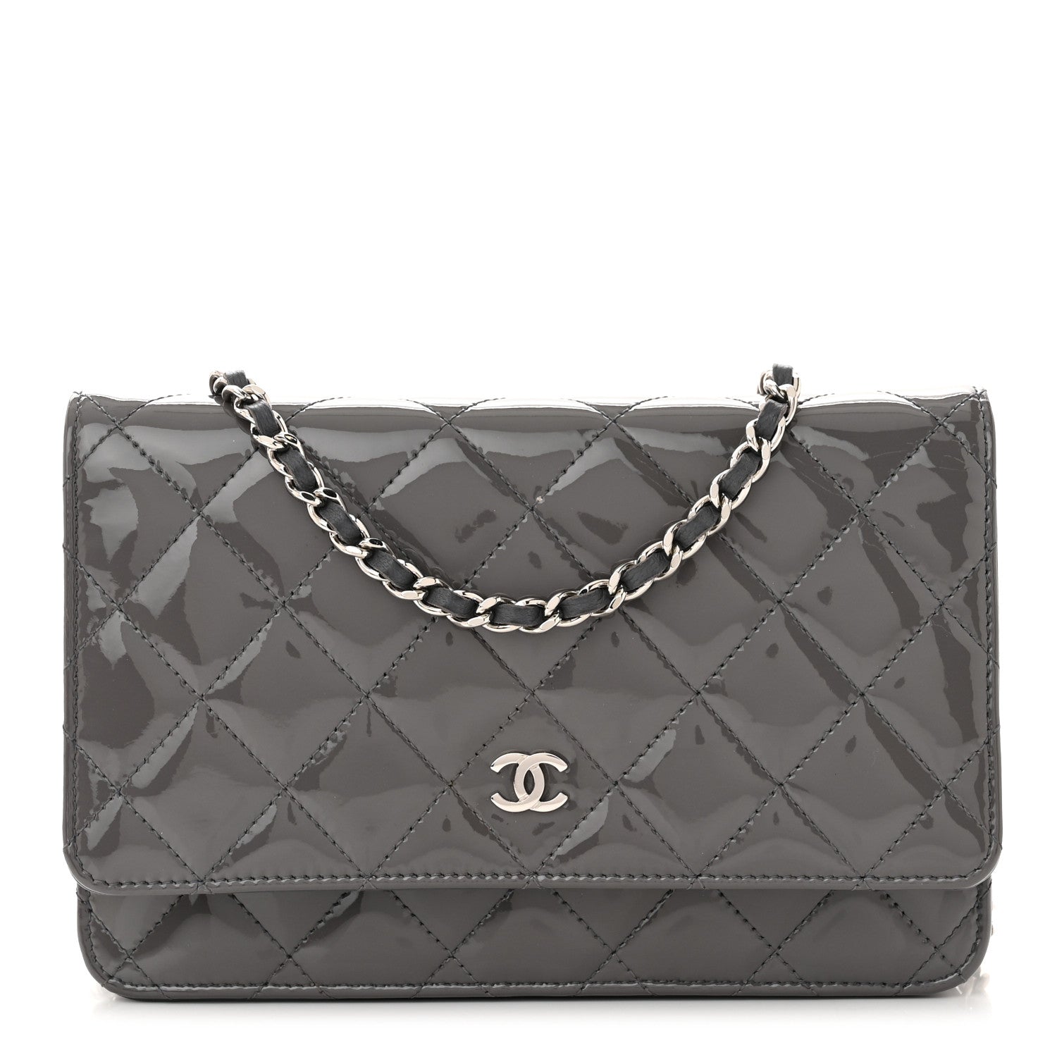 Chanel Patent Quilted Wallet On Chain WOC Grey 1 of 15
