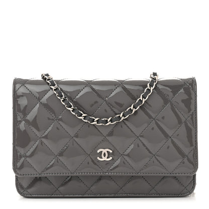 Chanel Patent Quilted Wallet On Chain WOC Grey 1 of 15