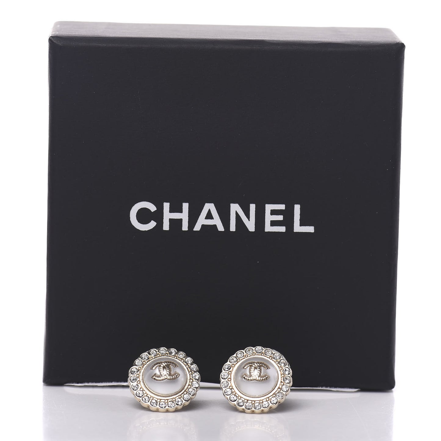 Metal Pearl Crystal CC Round Earrings Light Gold