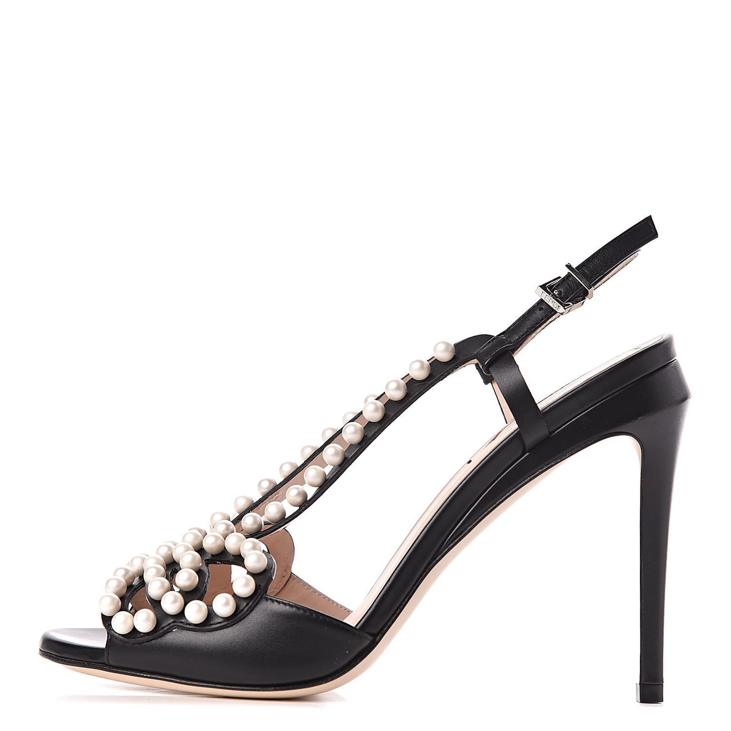 Calfskin Faux Pearl Embellished Bow Ankle Strap Heel 38 Black