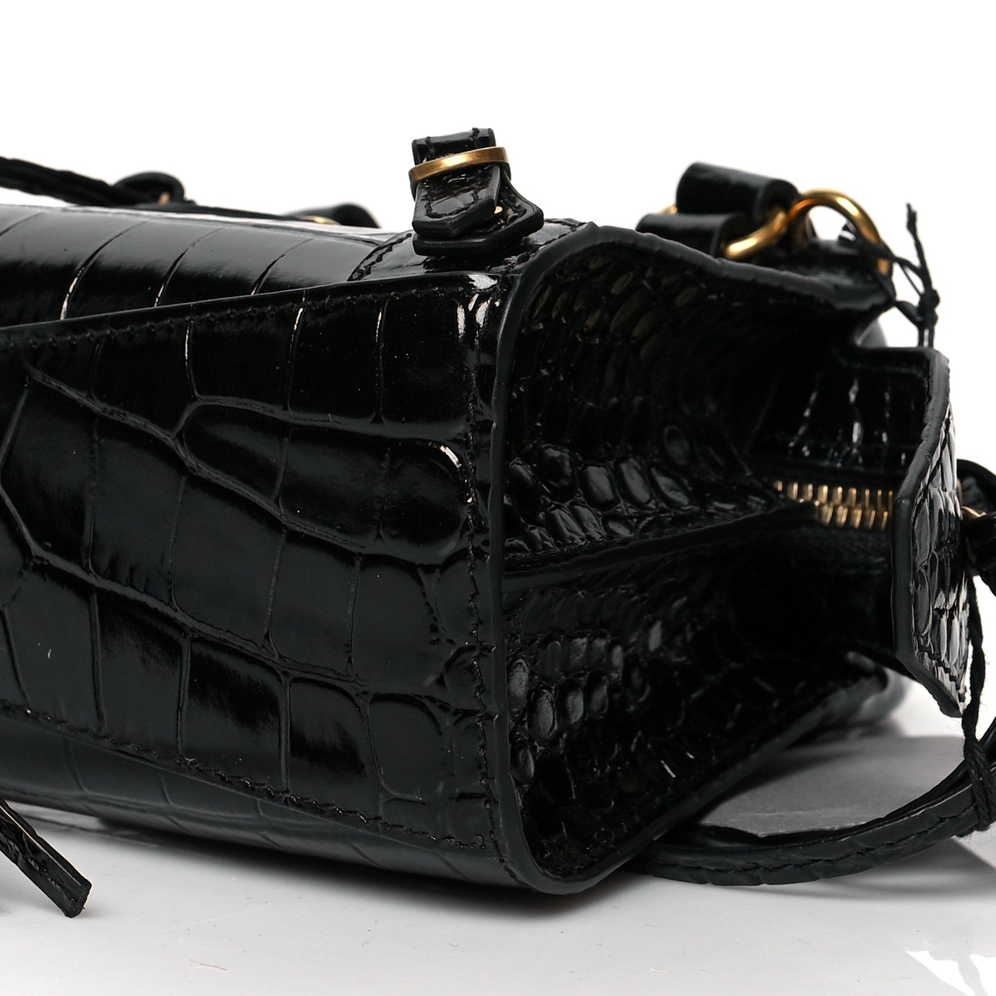 Shiny Supple Calfskin Crocodile Embossed Neo Classic Gold Hardware Nano City Crossbody Black
