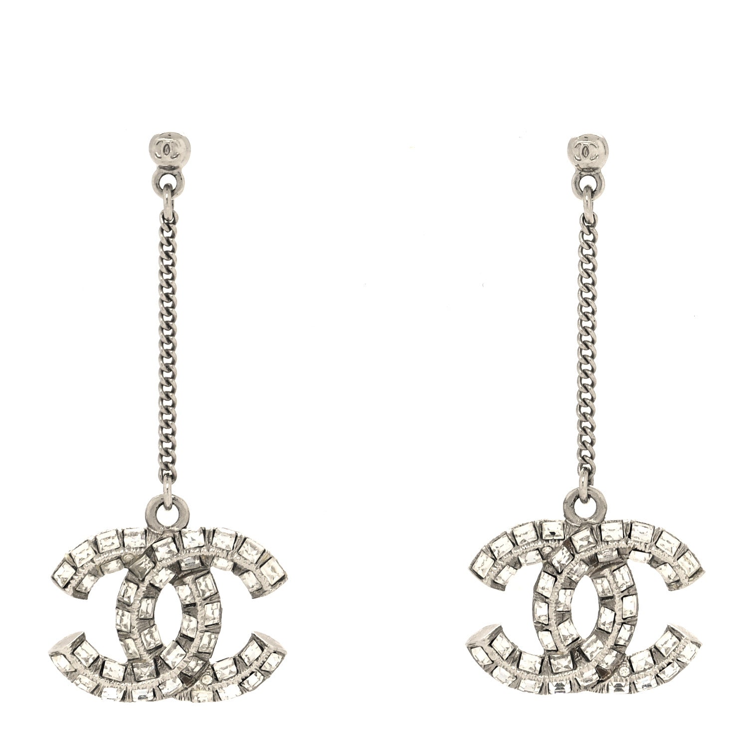 Chanel Baguette Crystal CC Drop Earrings Silver 1 of 3