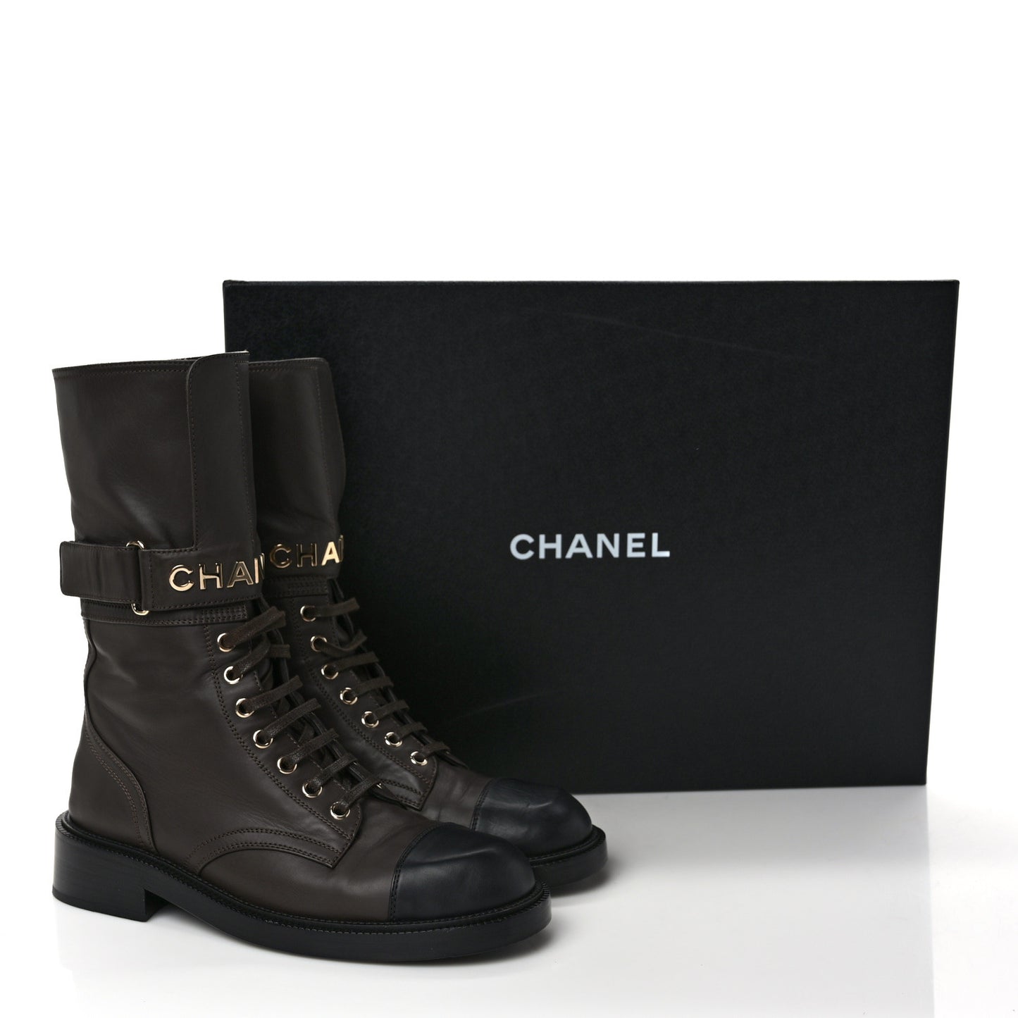 Shiny Calfskin Lace Up Combat Boots 39 Dark Brown Black