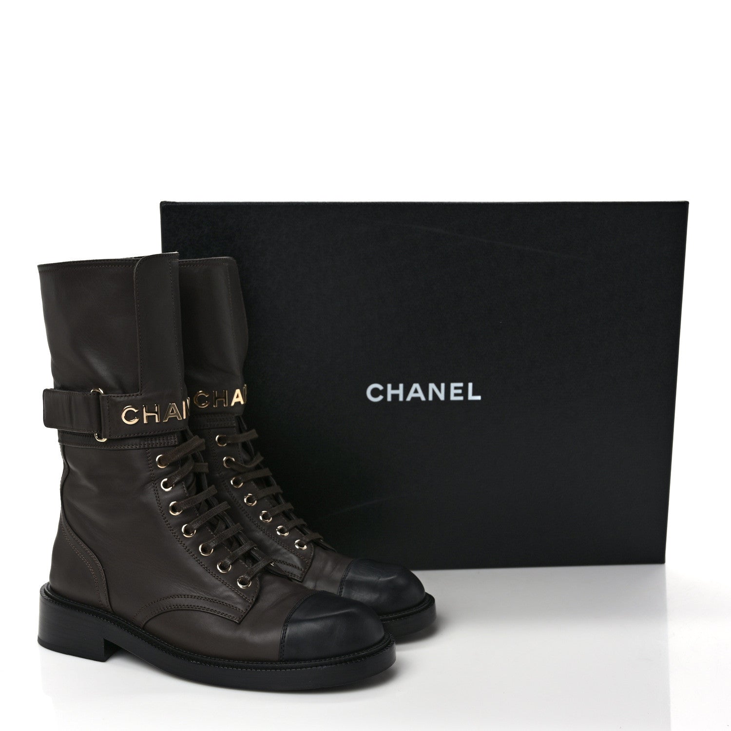 Chanel Shiny Calfskin Lace Up Combat Boots 39 Dark Brown Black 8 of 8
