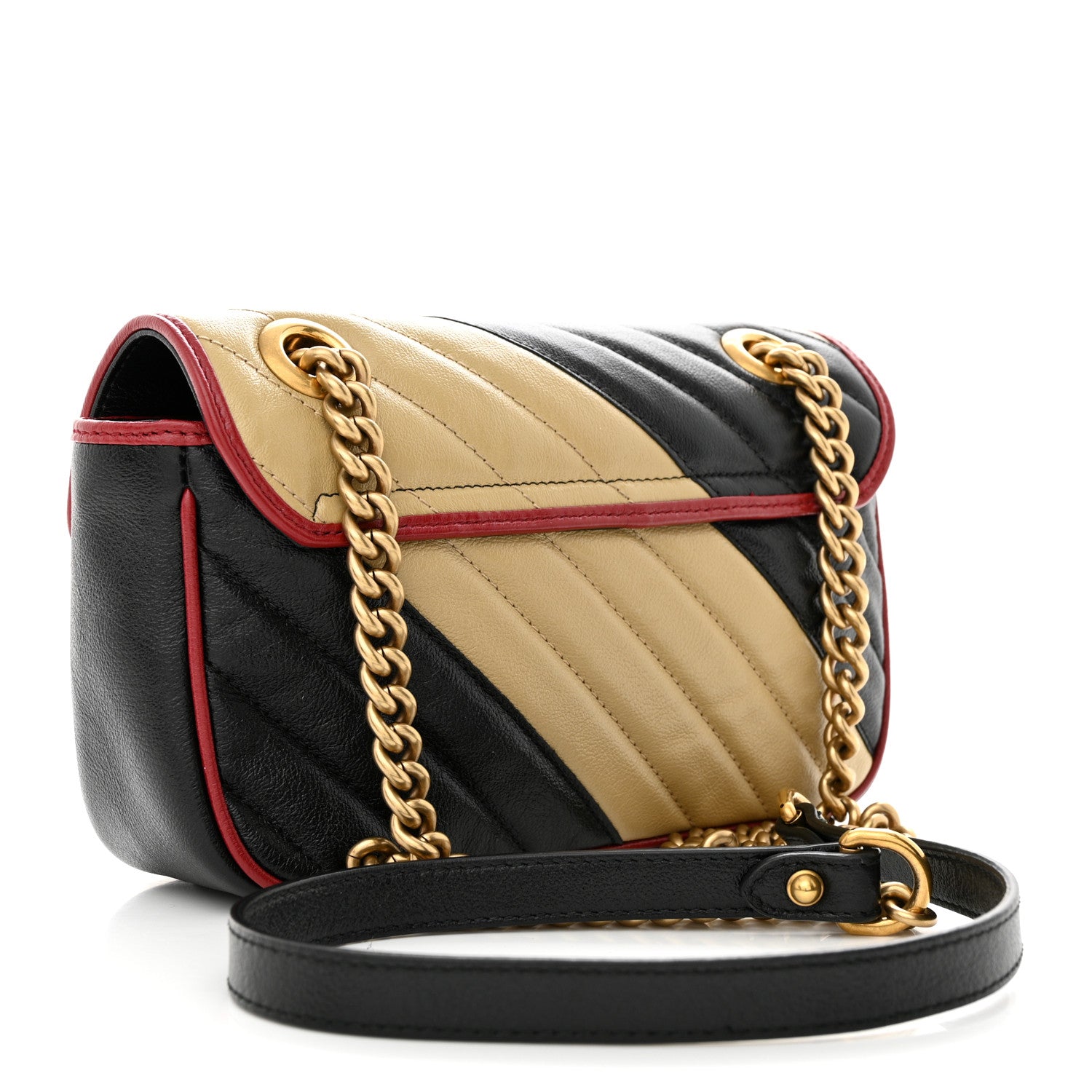 Gucci Vintage Effect Calfskin Matelasse Diagonal Striped Mini Torchon GG Marmont Shoulder Bag Black Beige 3 of 10