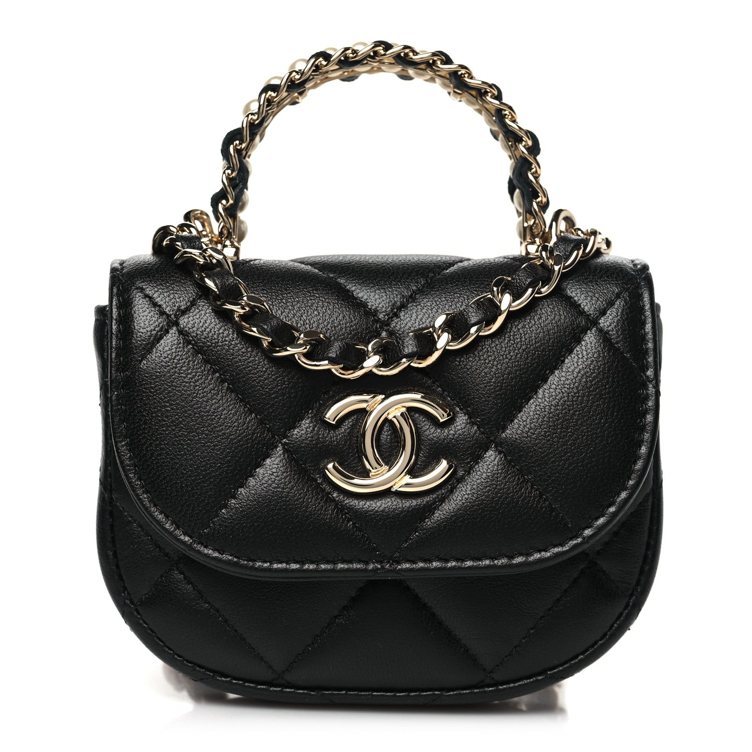 Chanel Lambskin Quilted Pearl Top Handle Clutch With Chain Black 1 of 12