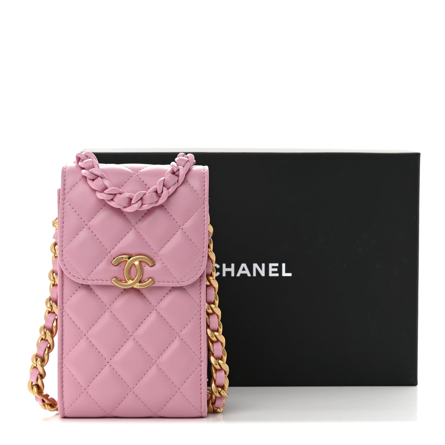 Lambskin Quilted Lacquered Chain Phone Holder With Chain Dark Pink