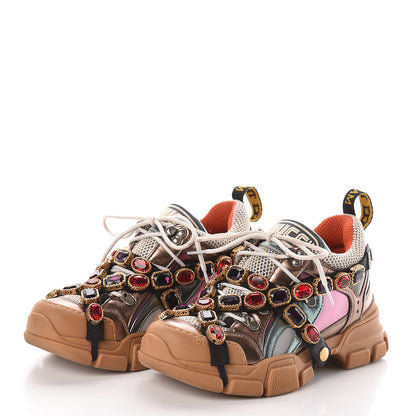 Gucci X SEGA Metallic Calfskin Mesh Removable Crystals Womens Flashtrek Sneakers 37.5 Rame Mystic White Lago 3 of 8