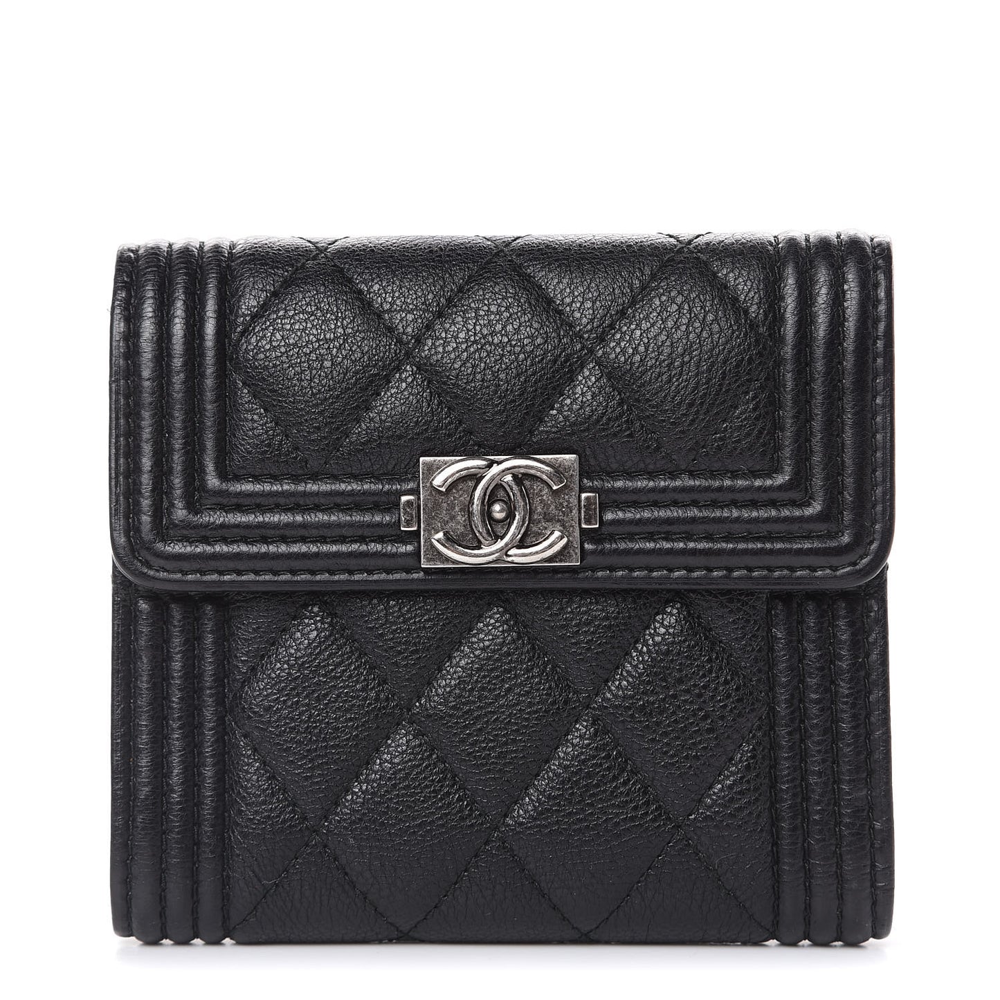 Calfskin Quilted Compact Boy Wallet Black