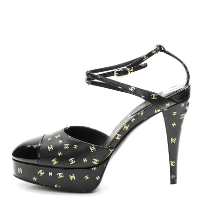 Chanel Printed Lambskin Patent Calfskin CC Platform Pumps 39.5 Black Gold 1 of 10