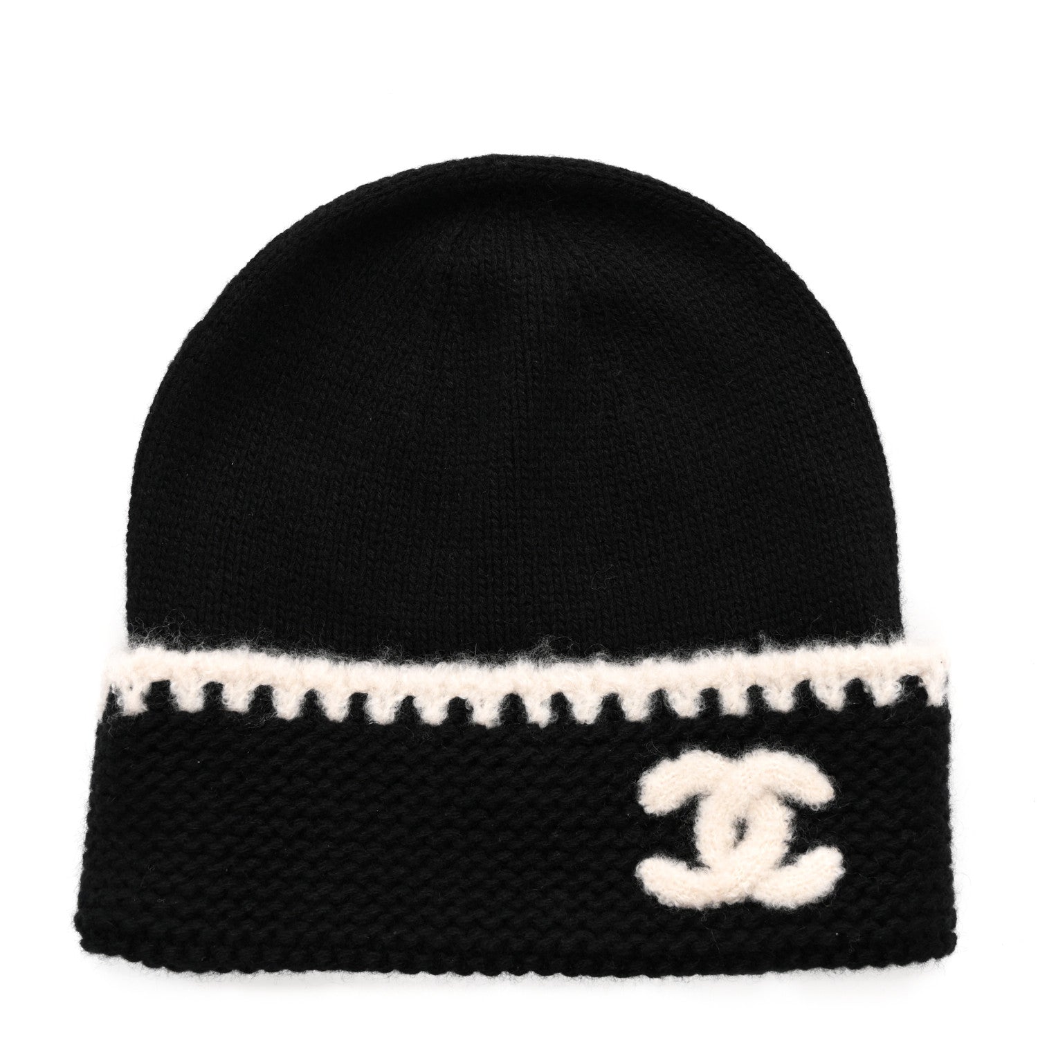 Chanel Cashmere Wool CC Beanie Hat Black Light Beige 1 of 6