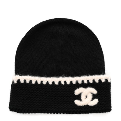 Chanel Cashmere Wool CC Beanie Hat Black Light Beige 1 of 6