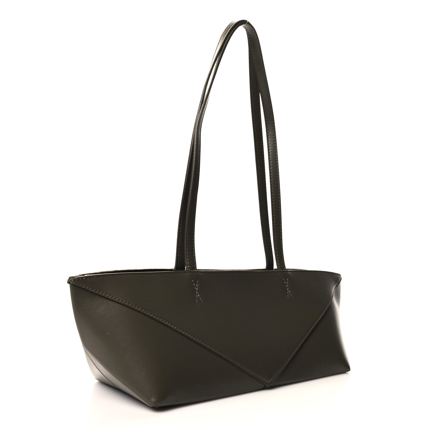 Shiny Calfskin Mini Cropped Puzzle Fold Tote Dark Khaki Green