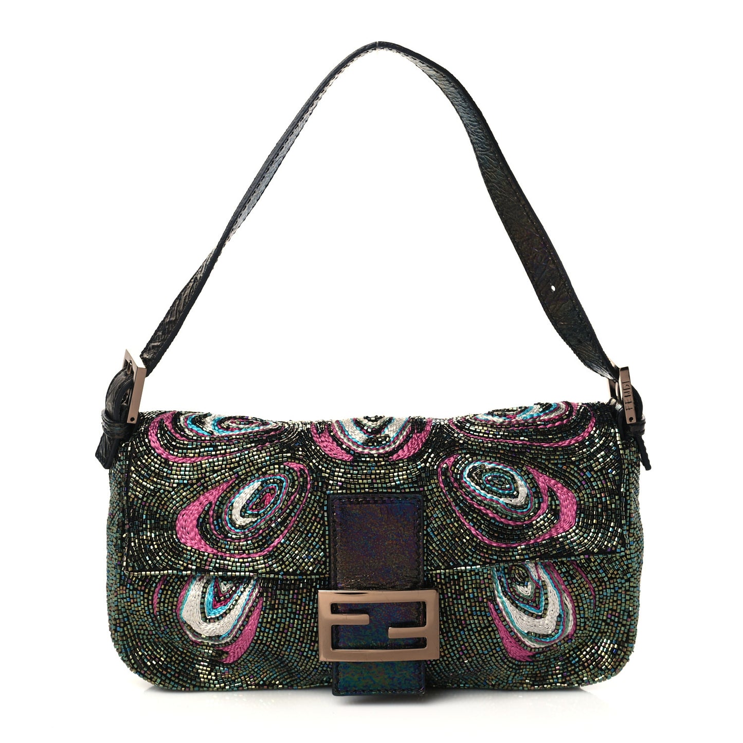 Metallic Calfskin Peacock Beaded Baguette Multicolor