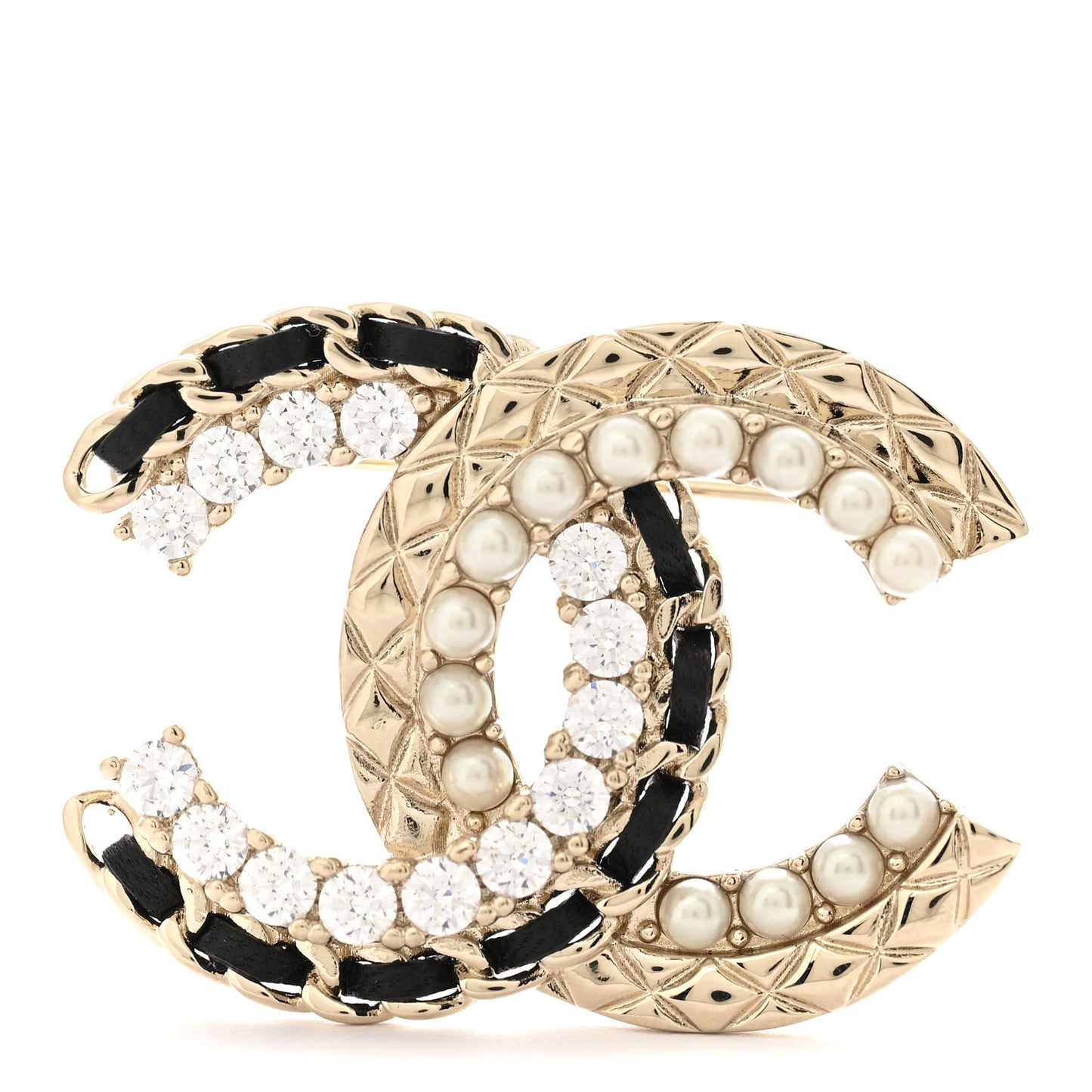 Lambskin Pearl Crystal Quilted CC Brooch Black Gold