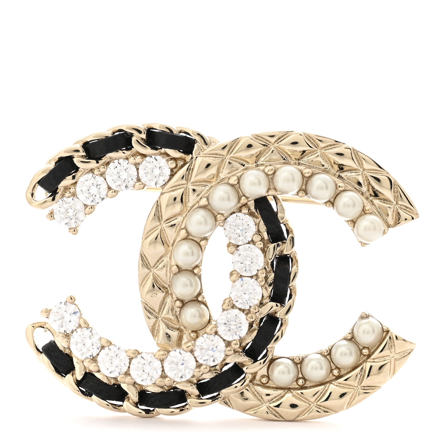 Chanel Lambskin Pearl Crystal Quilted CC Brooch Black Gold 1 of 3