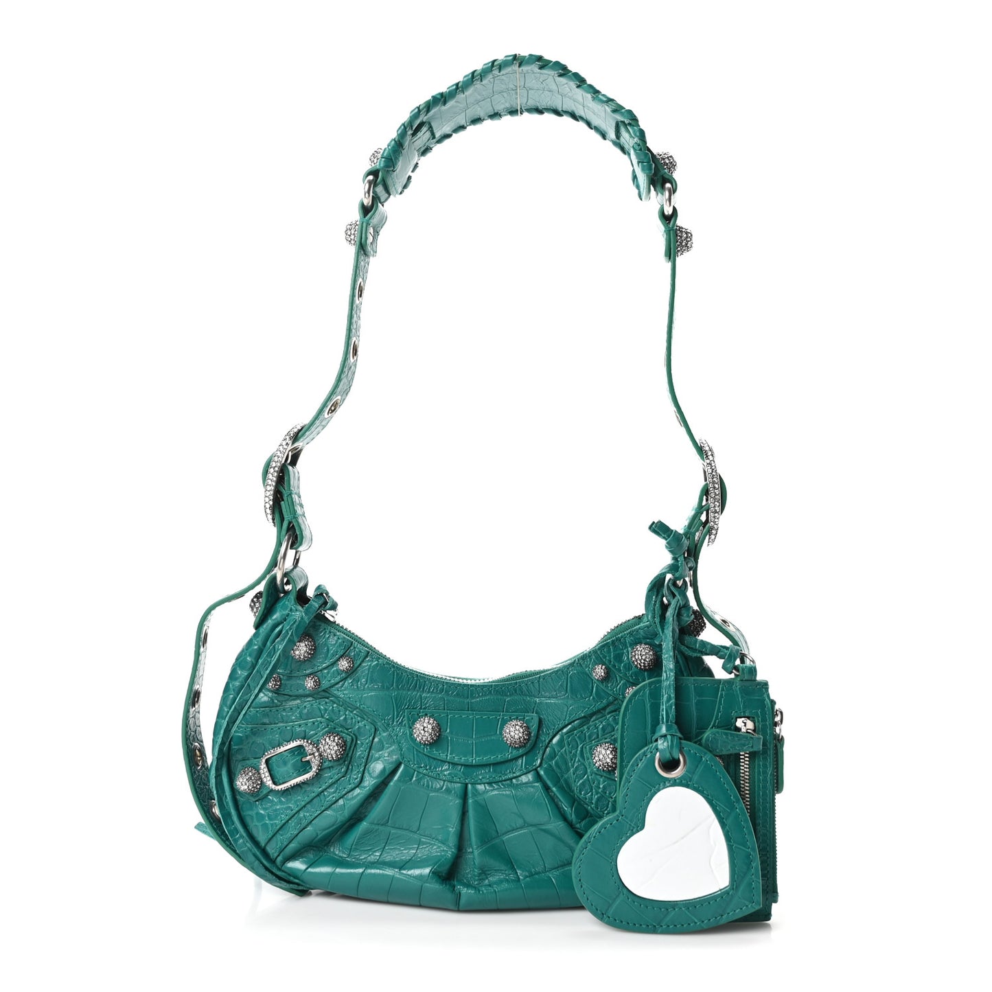 Extra Supple Calfskin Crystal Crocodile Embossed Le Cagole Shoulder Bag XS Jade